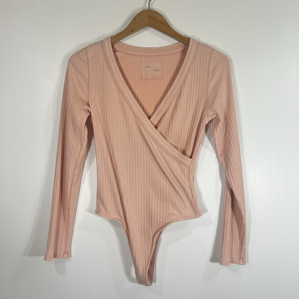 Aerie Long Sleeve Cross Front Bodysuit Size Large Peach Pink Cotton Blend Ribbed
